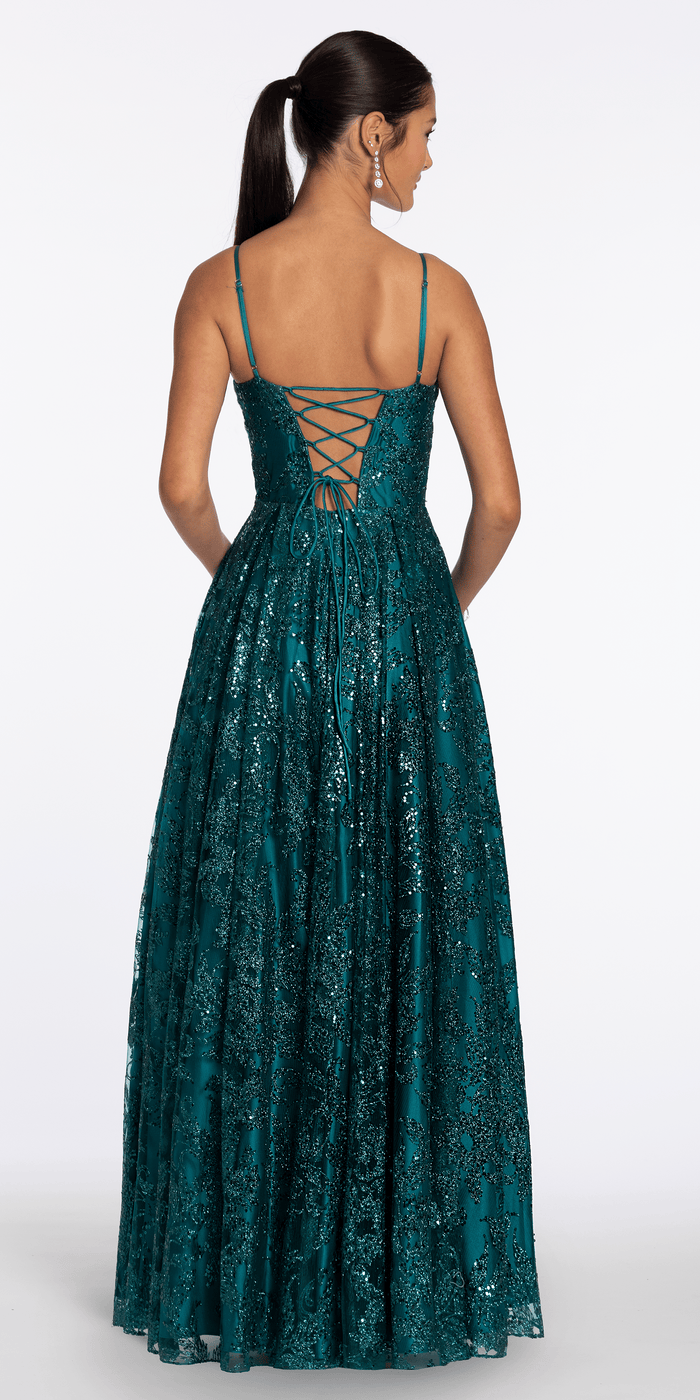 teal/size/4/missy/Camille La Vie/Glitter Mesh Sweetheart Corset Ballgown with Pocket/back