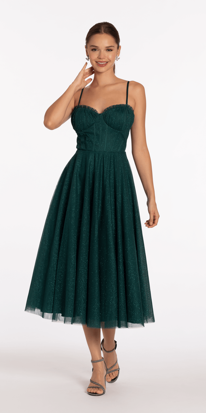 Glitter Mesh Sweetheart Pleated Tea Length Dress - Camille La Vie
