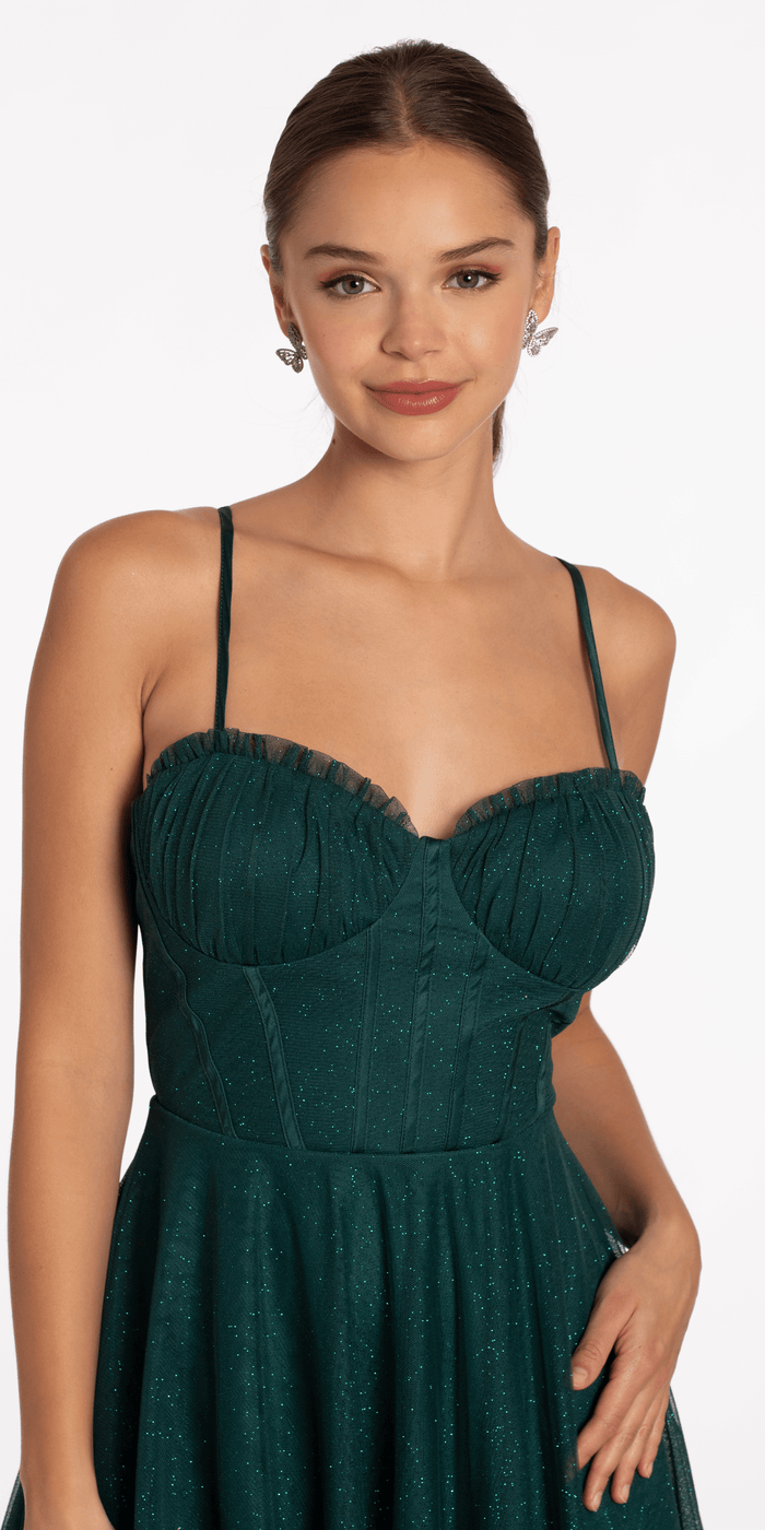 Glitter Mesh Sweetheart Pleated Tea Length Dress - Camille La Vie