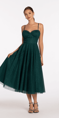 Glitter Mesh Sweetheart Pleated Tea Length Dress - Camille La Vie