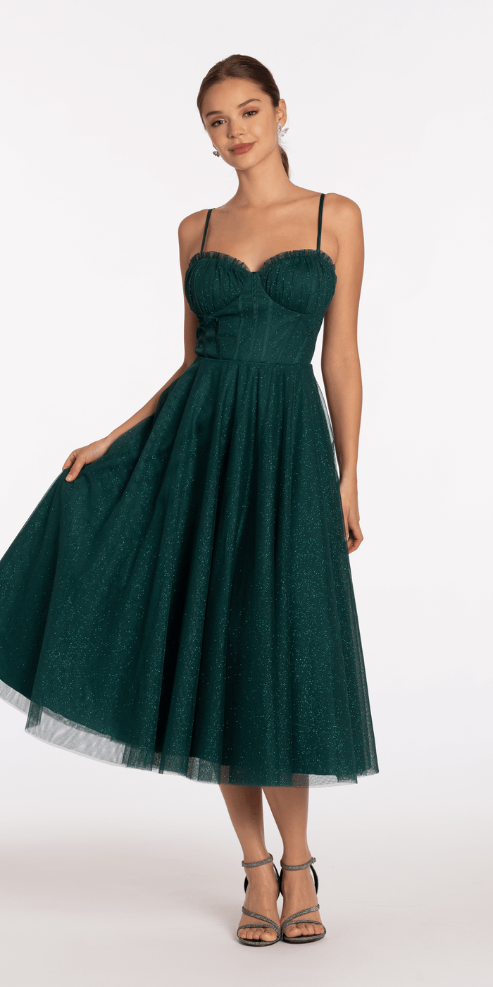 Glitter Mesh Sweetheart Pleated Tea Length Dress - Camille La Vie