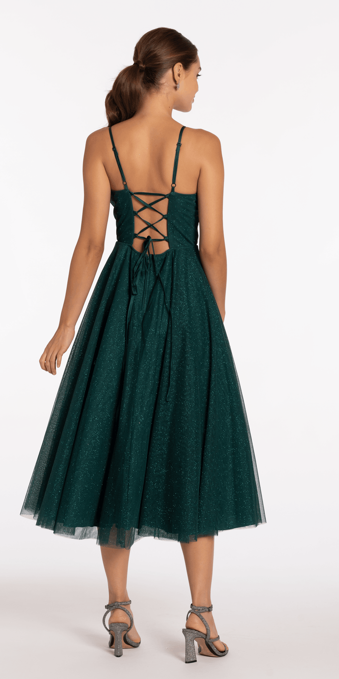 Glitter Mesh Sweetheart Pleated Tea Length Dress - Camille La Vie