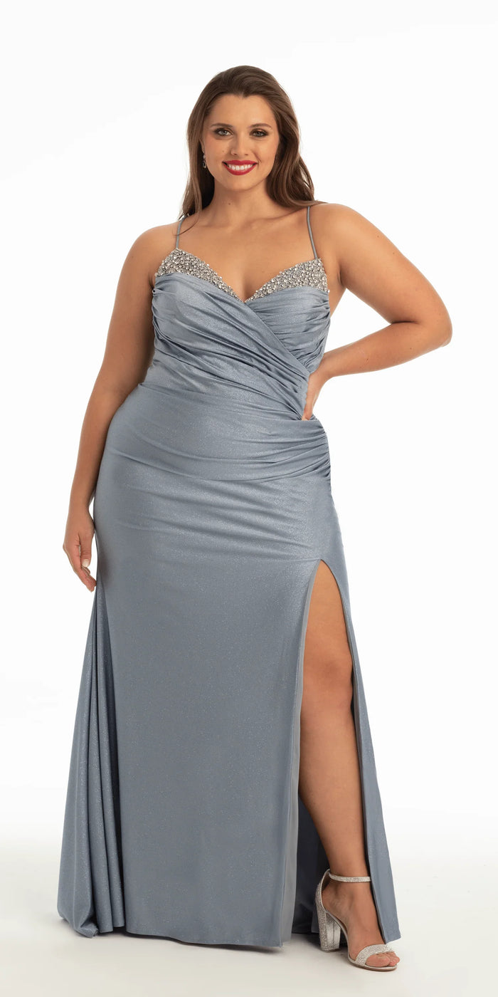 dusty-blue/size/14/plus/Camille La Vie/Glitter Sweetheart Lace Up Back Dress with Side Ruching /front