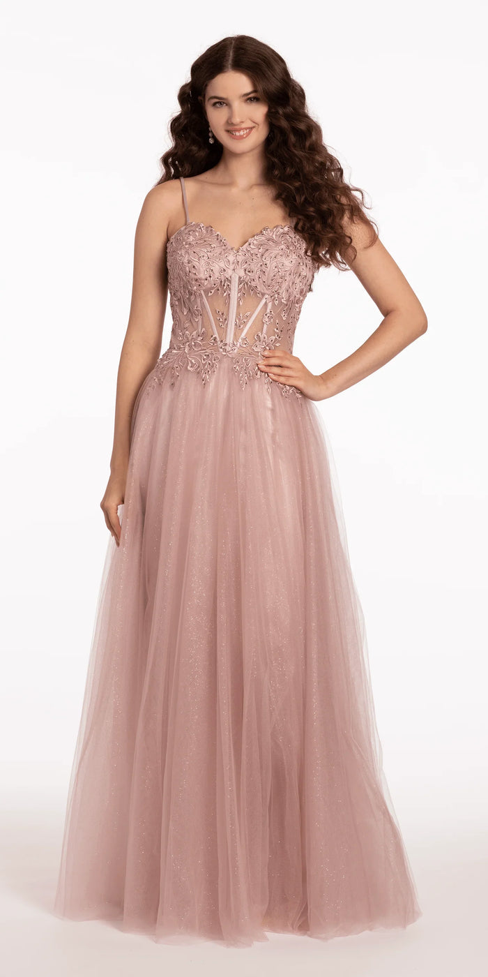 rose/size/4/missy/Camille La Vie/Glitter Tulle Lace Up Back Embroidered A Line Dress/front alt