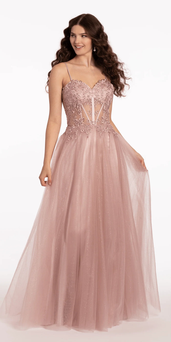rose/size/4/missy/Camille La Vie/Glitter Tulle Lace Up Back Embroidered A Line Dress/front alt 2
