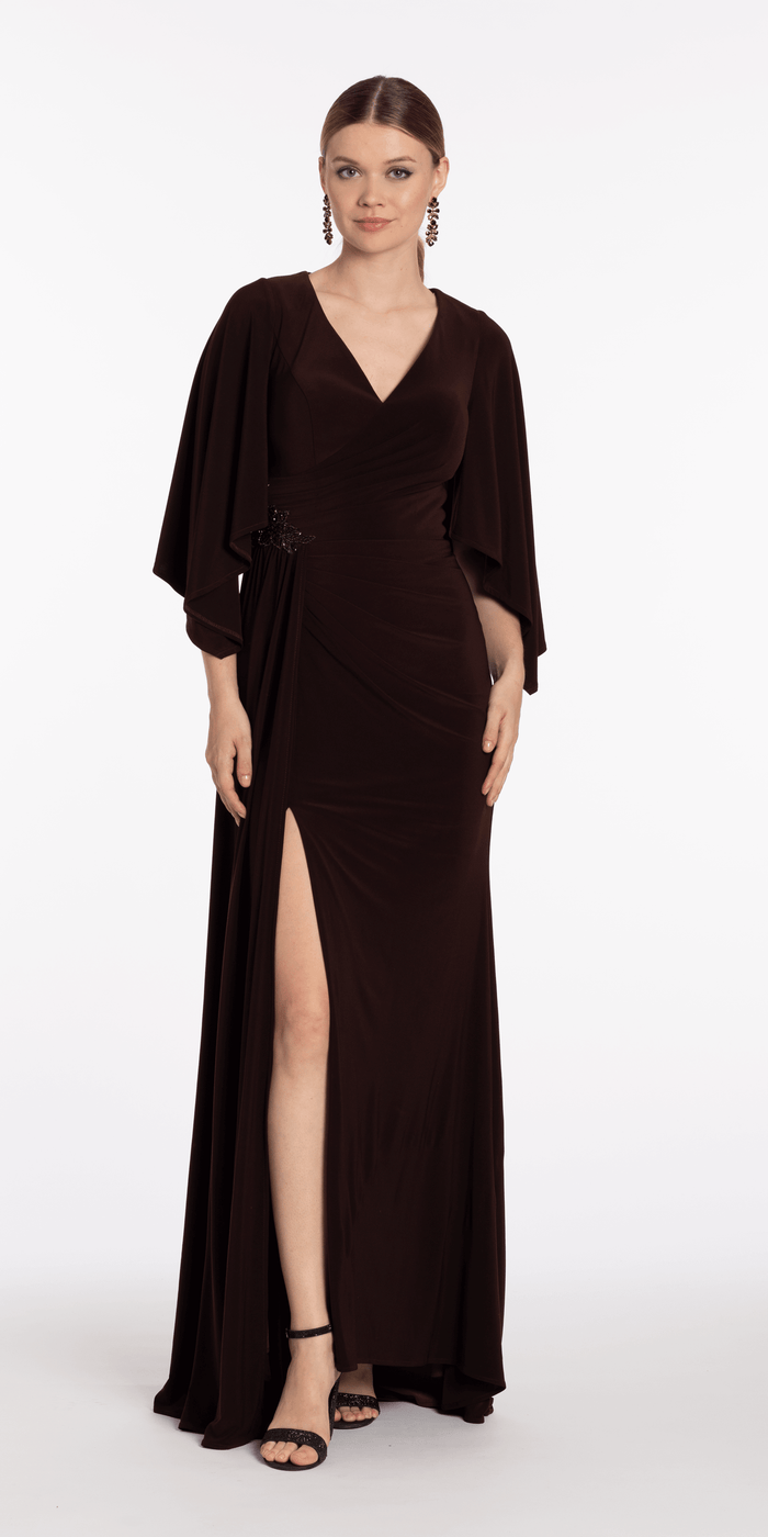 chocolate/size/4/missy/Camille La Vie/Jersey Cape Sleeve V Neck Faux Wrap Dress/front