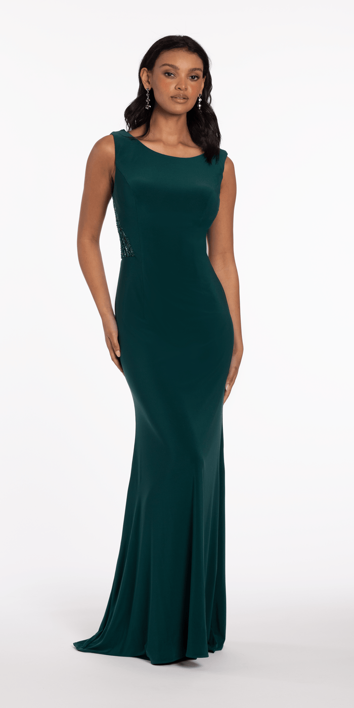 hunter-green/size/4/missy/Camille La Vie/Jersey Drape Back Column Dress with Beaded Side Panels/front alt 3