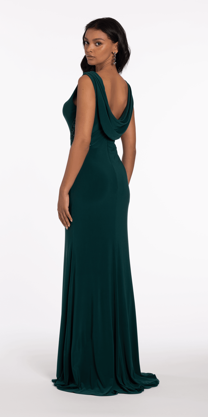 hunter-green/size/4/missy/Camille La Vie/Jersey Drape Back Column Dress with Beaded Side Panels/back alt