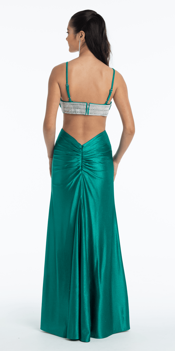 emerald/size/4/missy/Camille La Vie/Jersey Glitter Pleated Column Dress with Peek-a-Boo Rhinestone Bodice /back