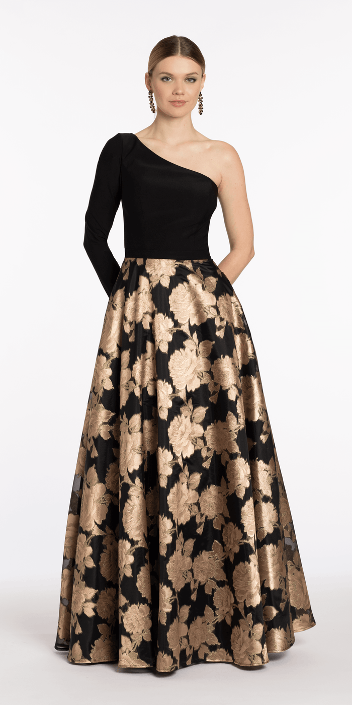 black-bronze/size/4/ missy/Camille La Vie/Jersey Jacquard One Shoulder Long Sleeve Ballgown with Pockets/front