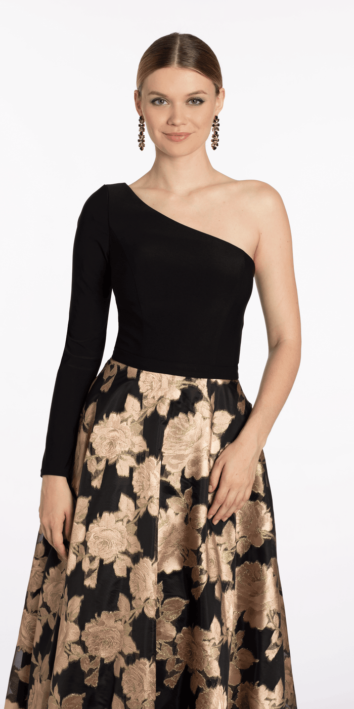 black-bronze/size/4/ missy/Camille La Vie/Jersey Jacquard One Shoulder Long Sleeve Ballgown with Pockets/front alt