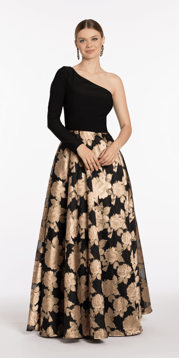 black-bronze/size/4/ missy/Camille La Vie/Jersey Jacquard One Shoulder Long Sleeve Ballgown with Pockets/alt