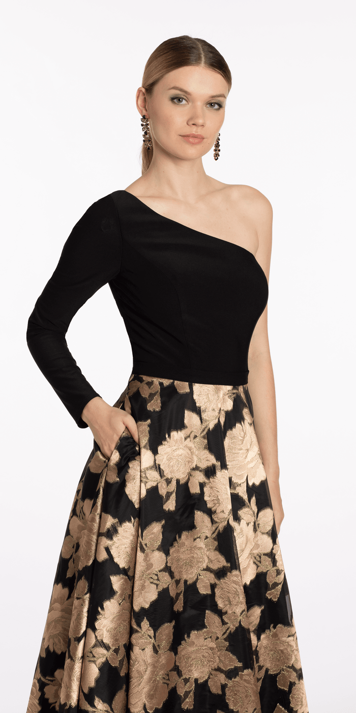 black-bronze/size/4/ missy/Camille La Vie/Jersey Jacquard One Shoulder Long Sleeve Ballgown with Pockets/front alt