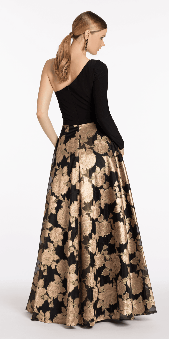 black-bronze/size/4/ missy/Camille La Vie/Jersey Jacquard One Shoulder Long Sleeve Ballgown with Pockets/back