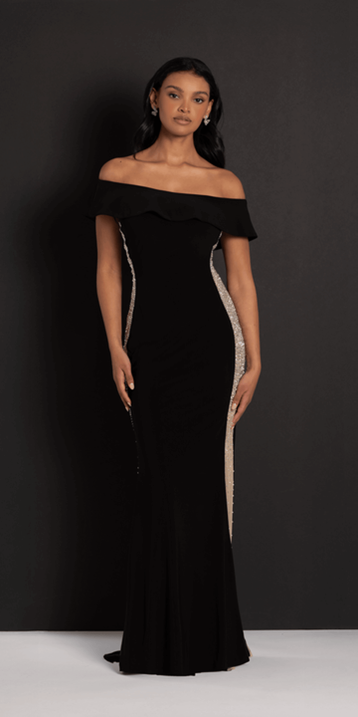 Jersey Off the Shoulder Column Dress with Beaded Side Panels - Camille La Vie