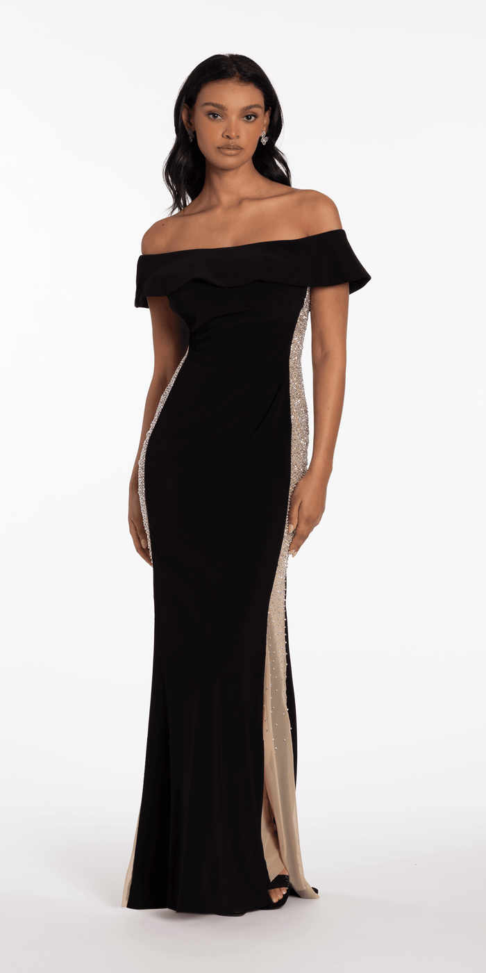 Jersey Off the Shoulder Column Dress with Beaded Side Panels - Camille La Vie