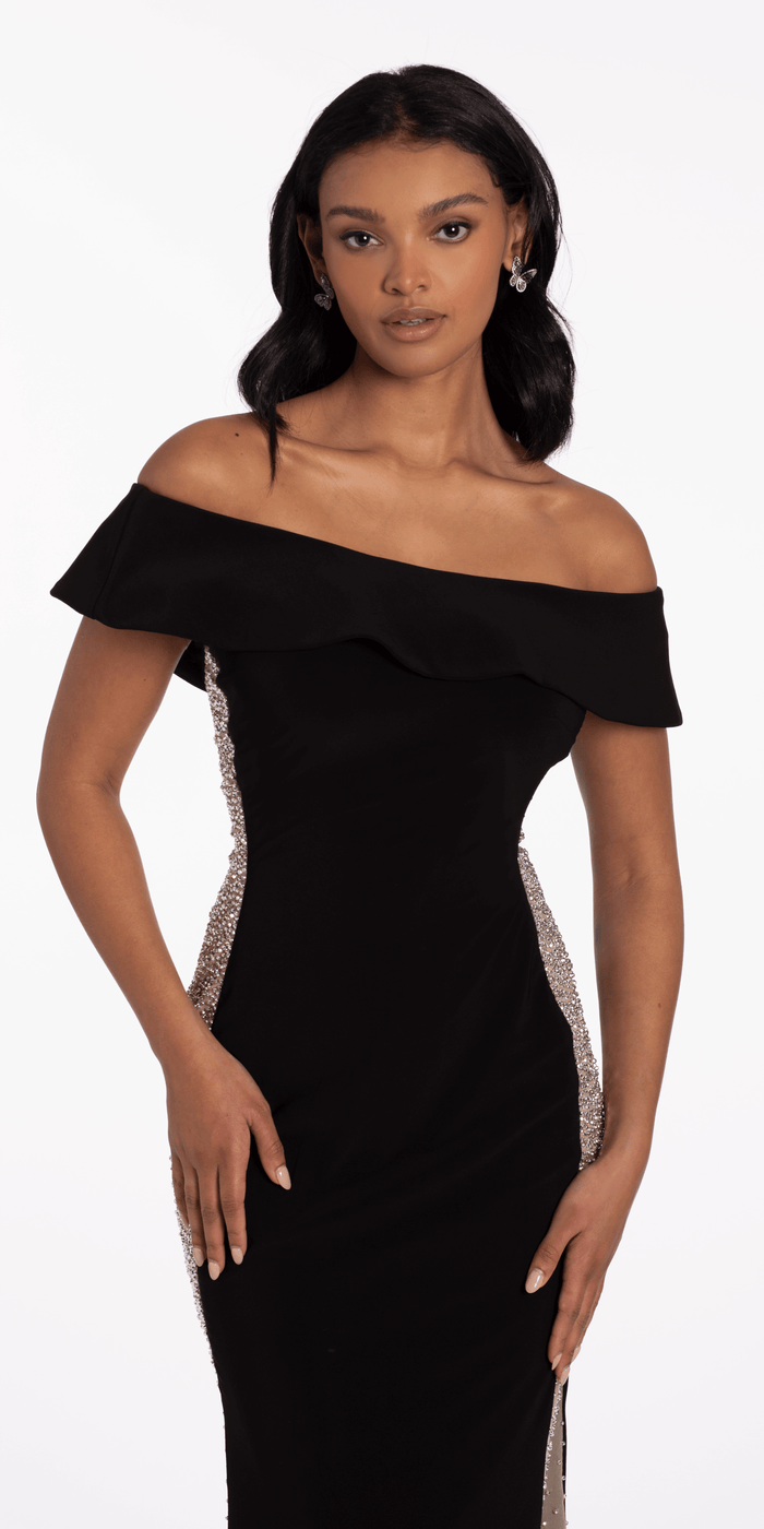 Jersey Off the Shoulder Column Dress with Beaded Side Panels - Camille La Vie
