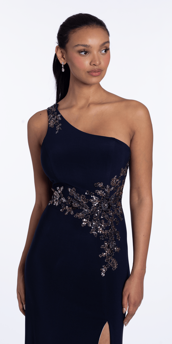 navy/size/4/missy/Camille La Vie/Jersey One Shoulder Column Dress with Embroidery and Contrast Lining/close up