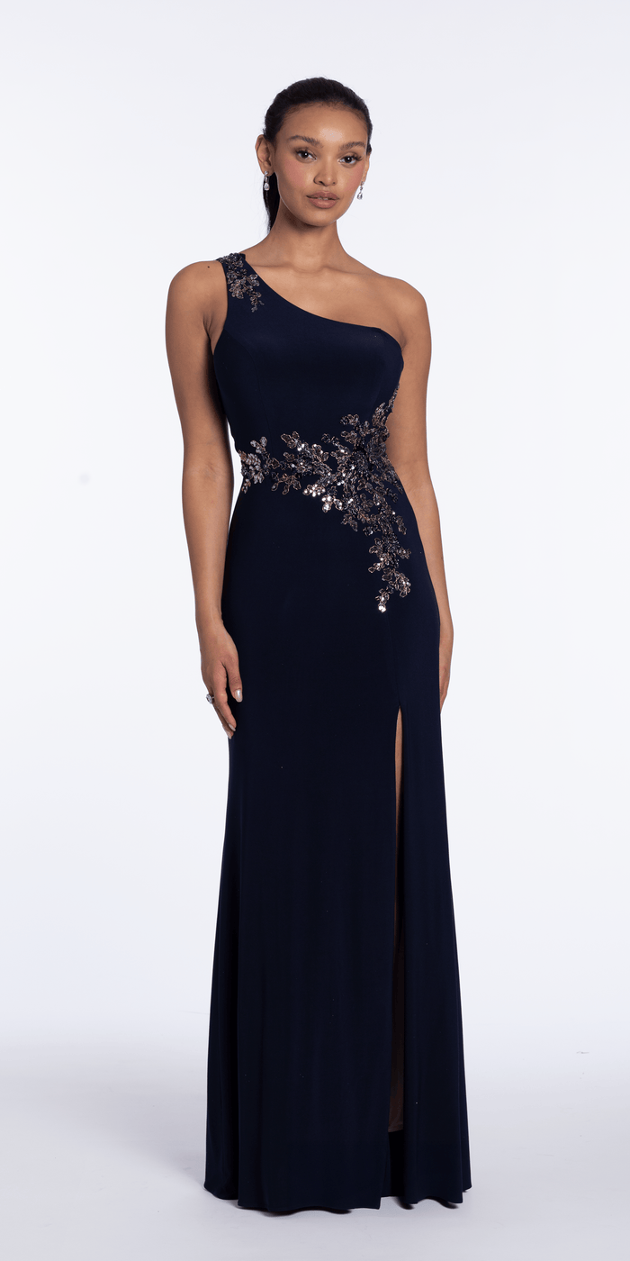navy/size/4/missy/Camille La Vie/Jersey One Shoulder Column Dress with Embroidery and Contrast Lining/front alt