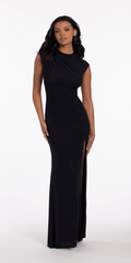 Jewel Neck Mesh Cap Sleeve Column Dress with Heat Set Stones - Camille La Vie