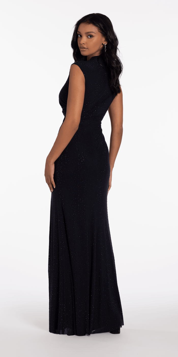 Jewel Neck Mesh Cap Sleeve Column Dress with Heat Set Stones - Camille La Vie