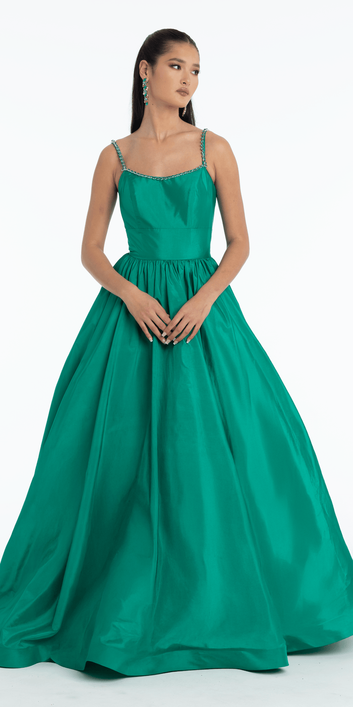 emerald/size/4/missy/Camille La Vie/Jewel Neck Taffeta Pleated Ballgown with Pockets/front