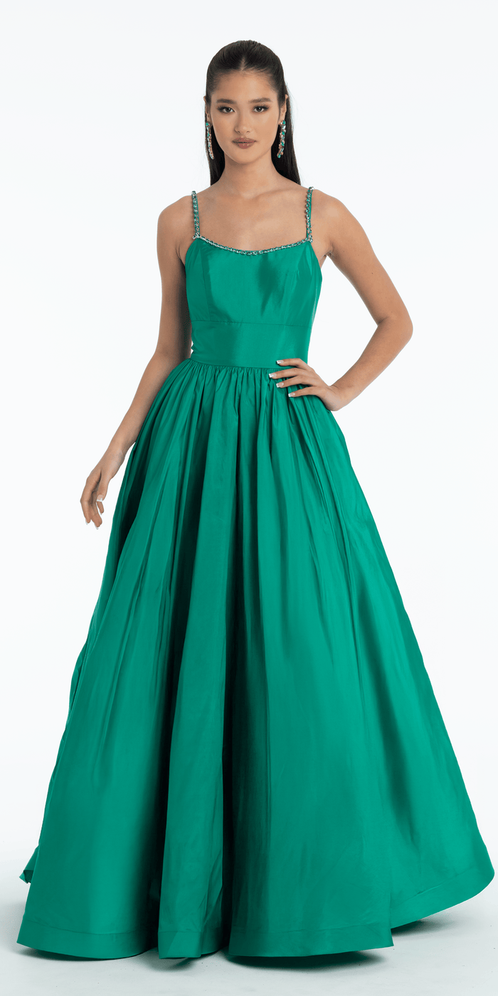 emerald/size/4/missy/Camille La Vie/Jewel Neck Taffeta Pleated Ballgown with Pockets/front alt