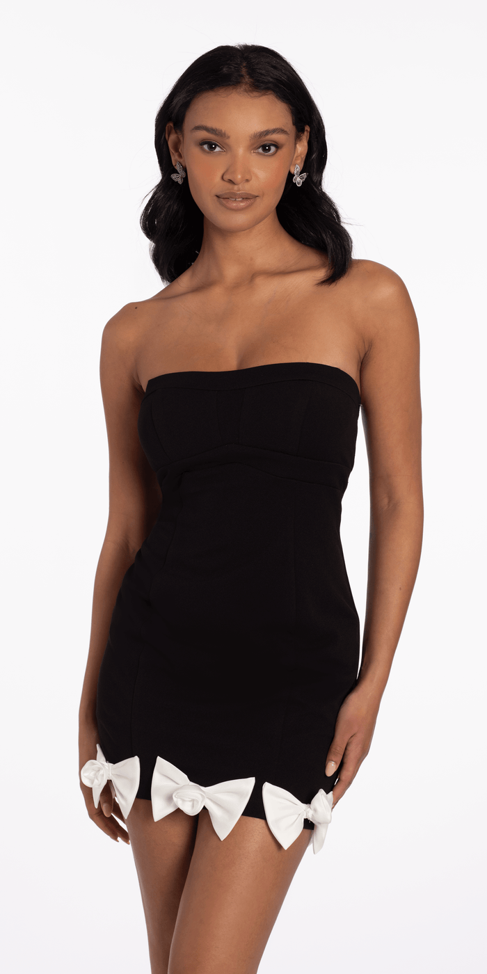 Keyhole Back Strapless Scuba Bodycon Dress with Bow Detail - Camille La Vie