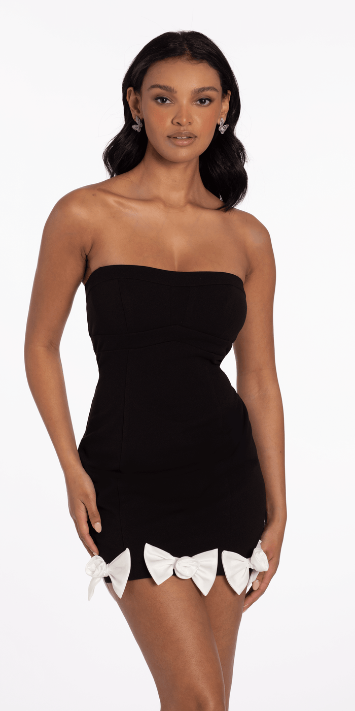 Keyhole Back Strapless Scuba Bodycon Dress with Bow Detail - Camille La Vie