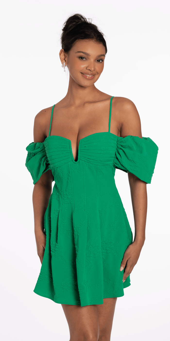 Knit Jacquard Plunge Puff Sleeve Fit and Flare Dress - Camille La Vie