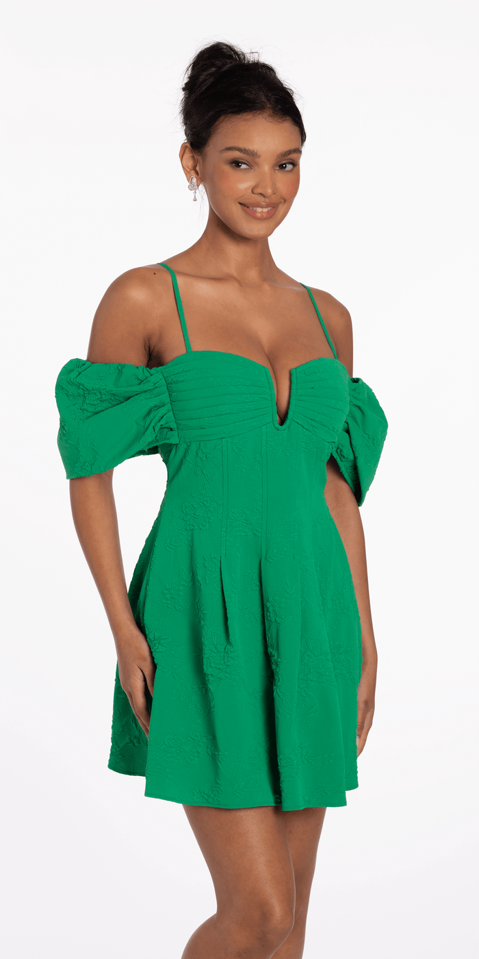 Knit Jacquard Plunge Puff Sleeve Fit and Flare Dress - Camille La Vie