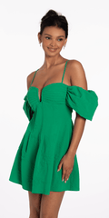 Knit Jacquard Plunge Puff Sleeve Fit and Flare Dress - Camille La Vie