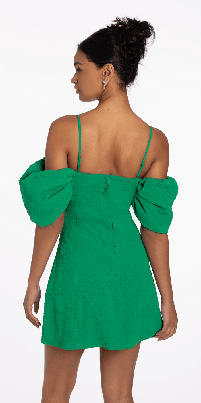Knit Jacquard Plunge Puff Sleeve Fit and Flare Dress - Camille La Vie