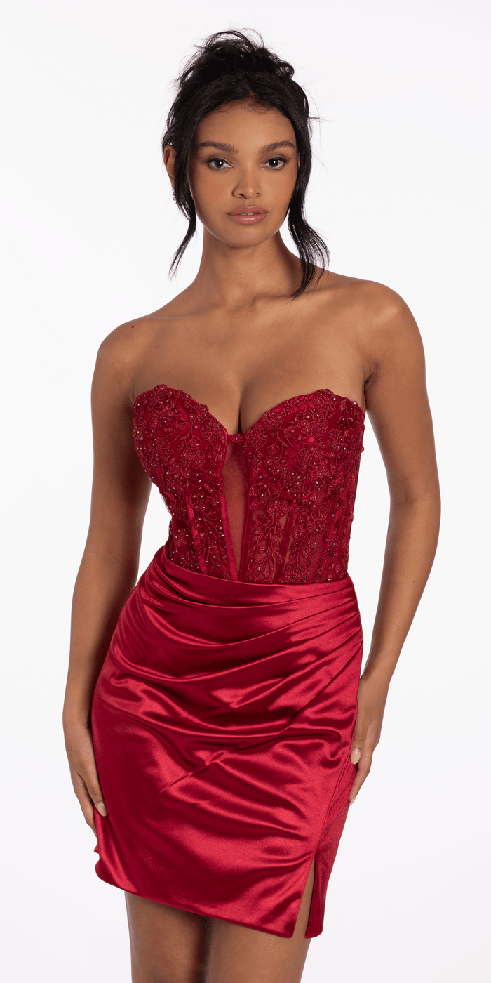 wine/size/4/missy/Camille La Vie/Lace Embroidered Strapless Satin Sweetheart Corset Bodycon Dress/front 1