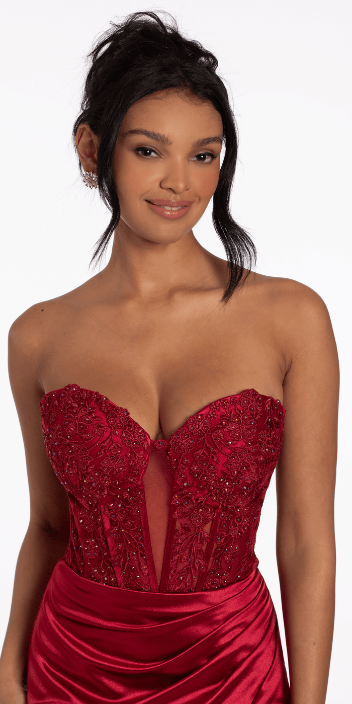 wine/size/4/missy/Camille La Vie/Lace Embroidered Strapless Satin Sweetheart Corset Bodycon Dress/close up 1