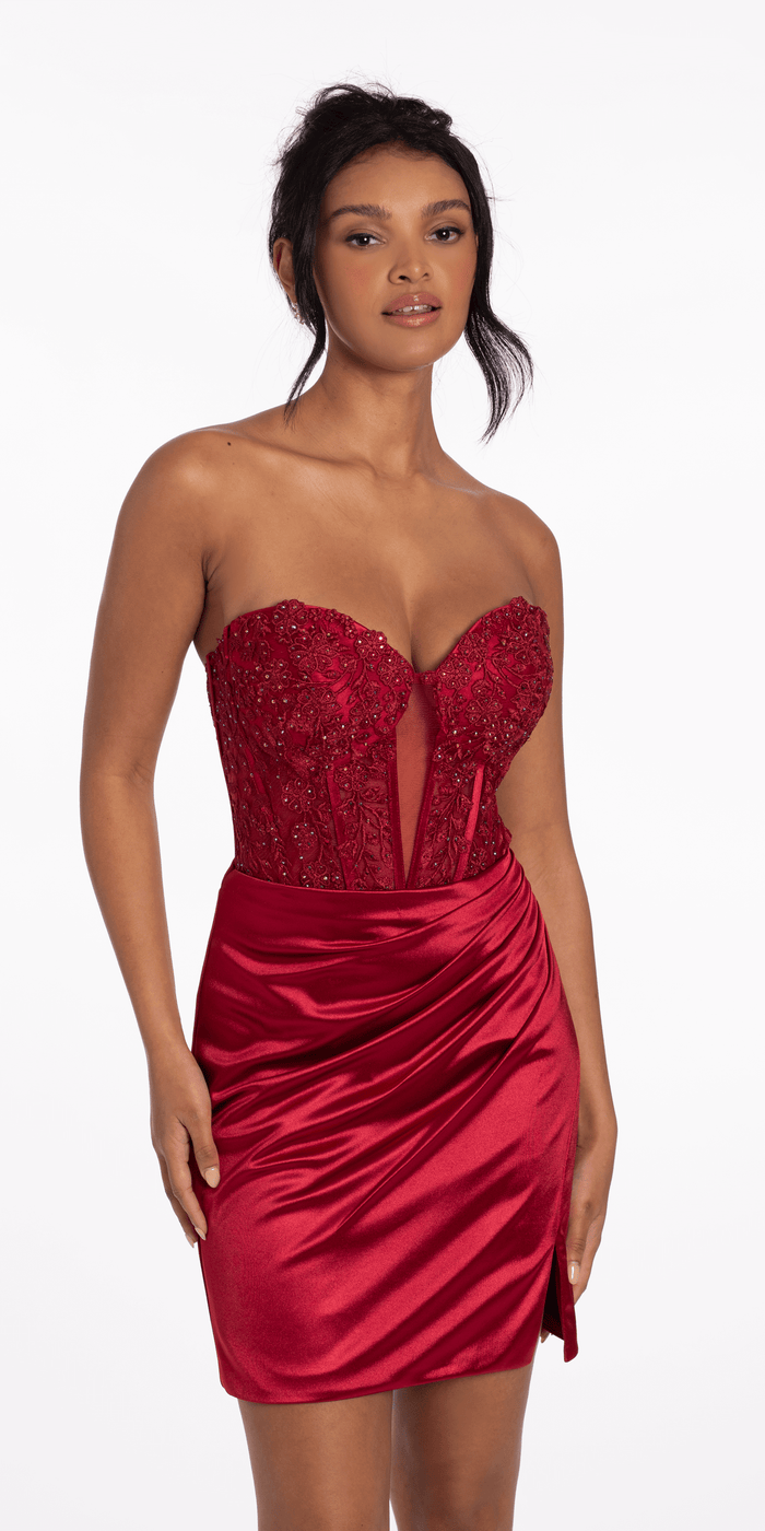 wine/size/4/missy/Camille La Vie/Lace Embroidered Strapless Satin Sweetheart Corset Bodycon Dress/front alt 1