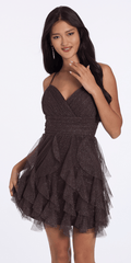 Camille La Vie Lace Up Back Tiered Glitter Mesh Fit and Flare Dress junior / 4 / chocolate