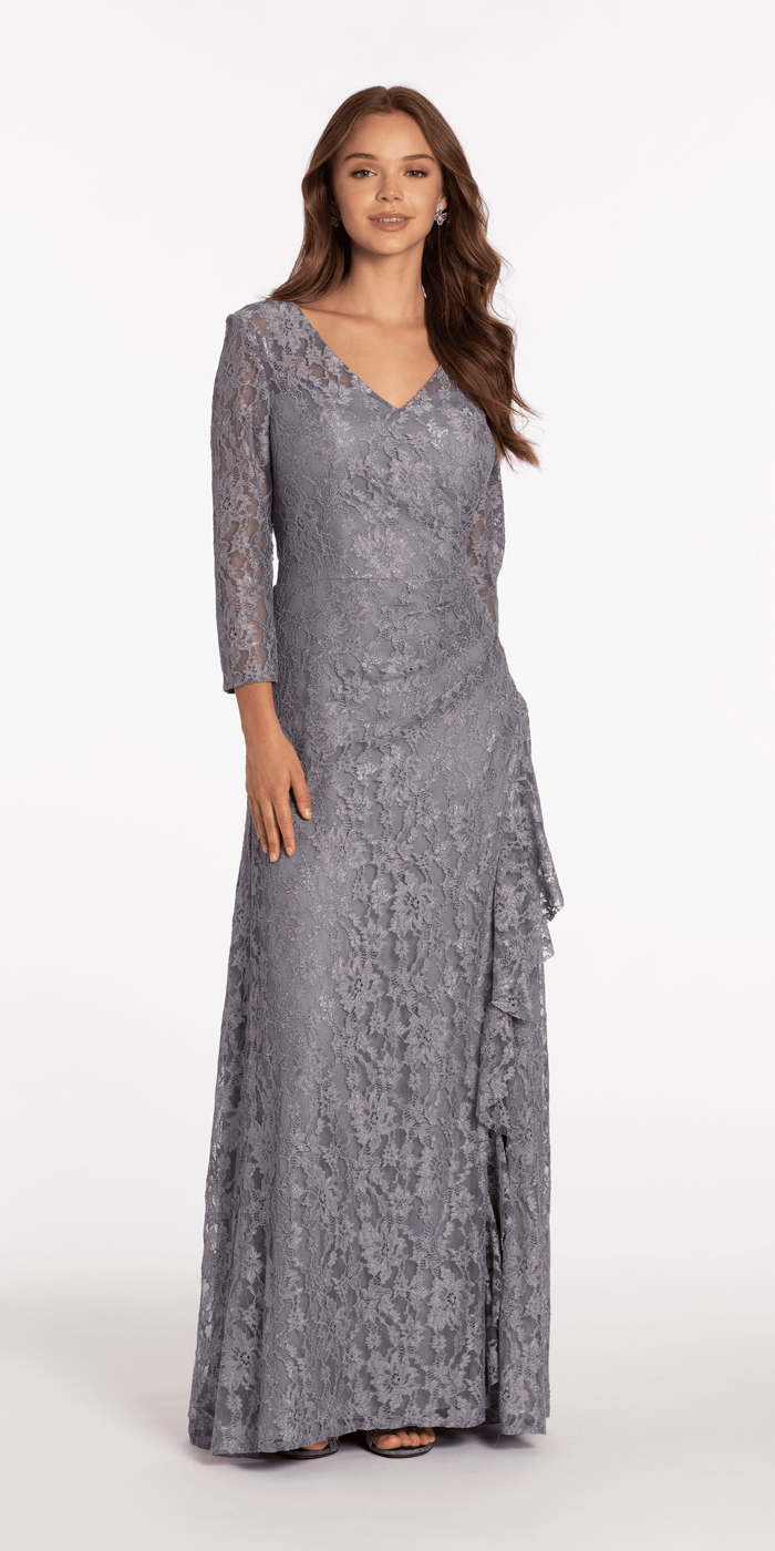 slate/size/4/missy/Camille La Vie//Lace V Neck 3/4Sleeve Column Dress with Ruching/front