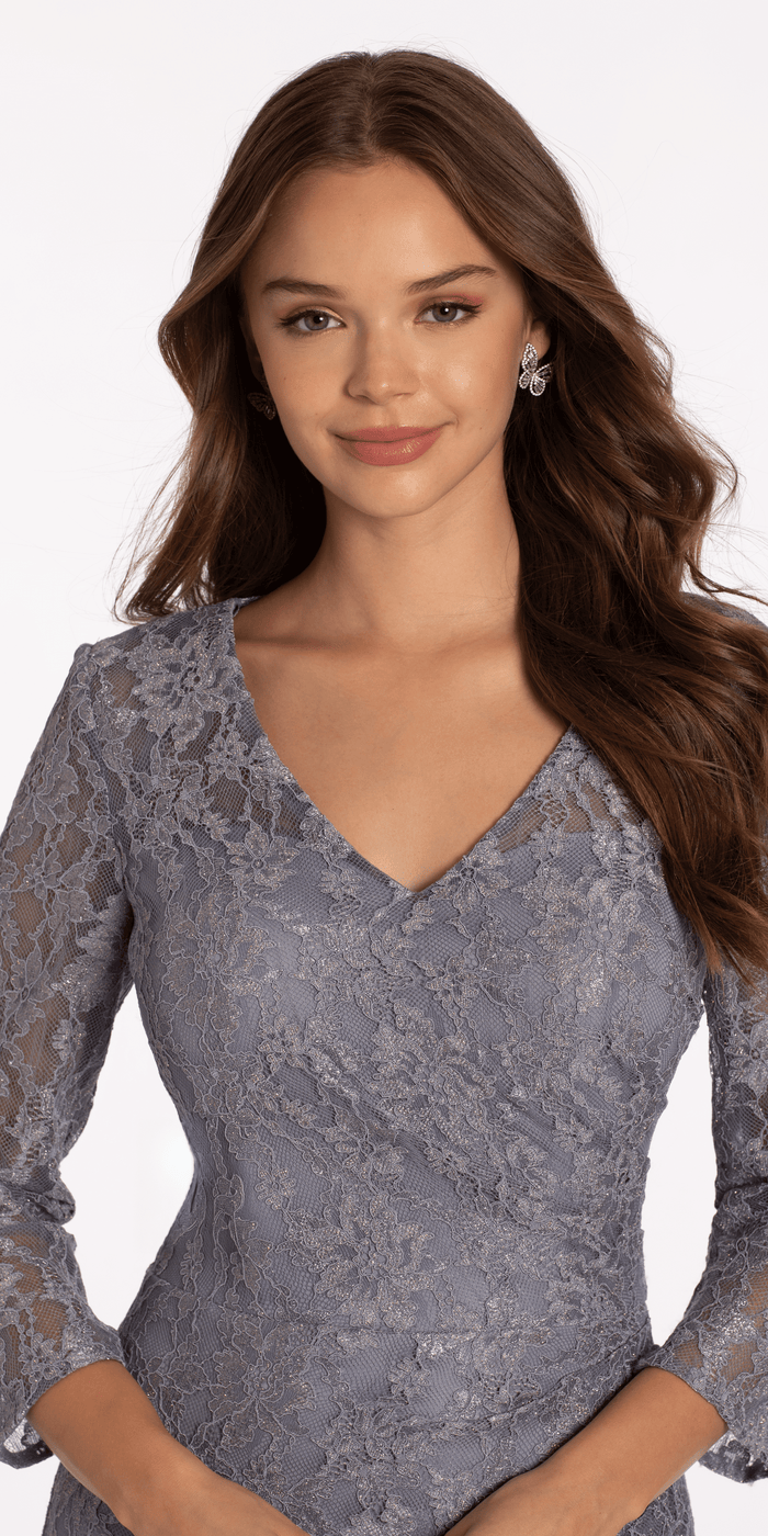 slate/size/4/missy/Camille La Vie//Lace V Neck 3/4Sleeve Column Dress with Ruching/close up