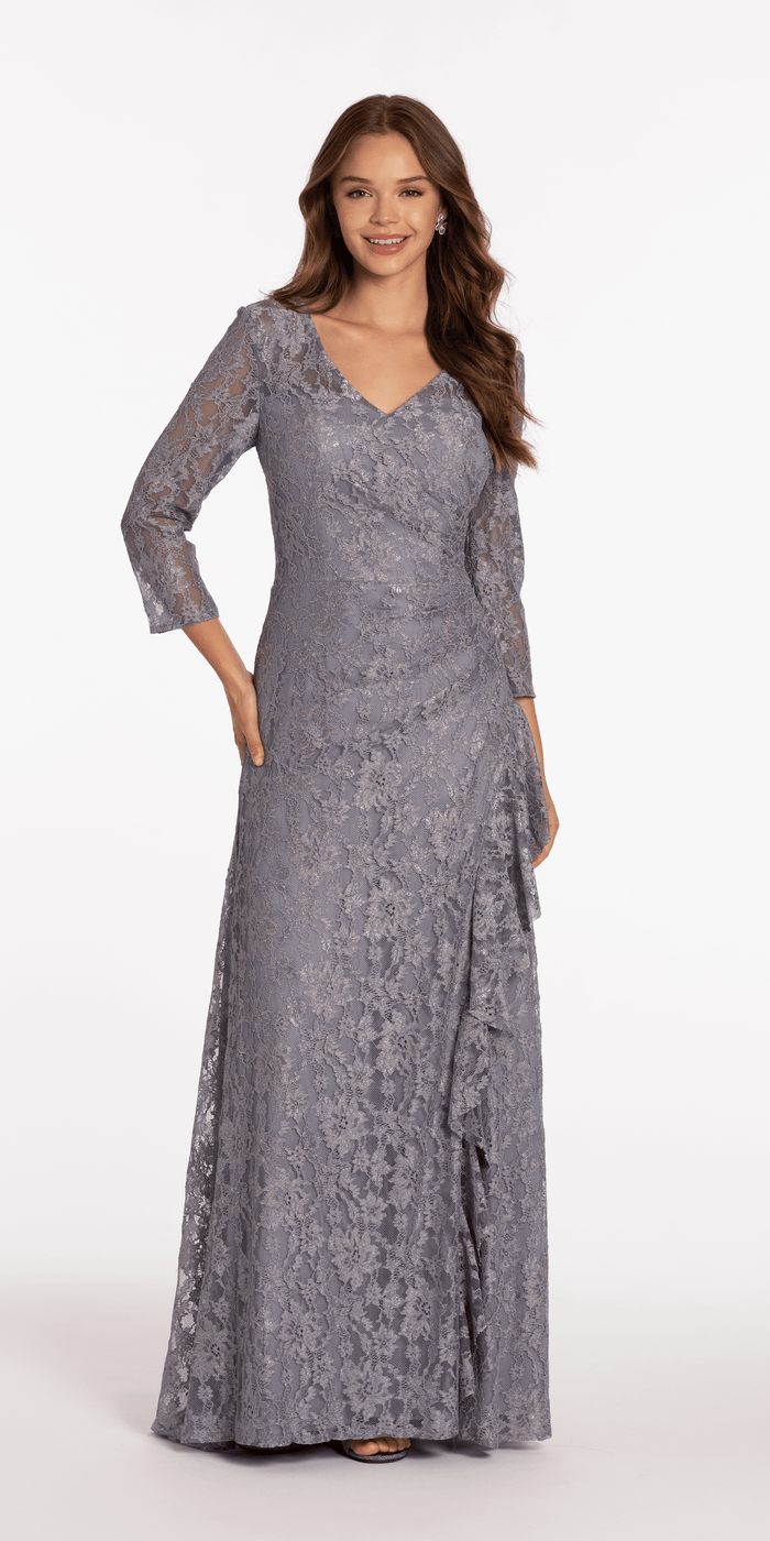 slate/size/4/missy/Camille La Vie//Lace V Neck 3/4Sleeve Column Dress with Ruching/front alt
