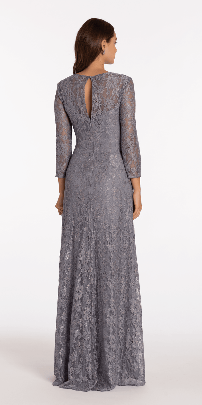 slate/size/4/missy/Camille La Vie//Lace V Neck 3/4Sleeve Column Dress with Ruching/back