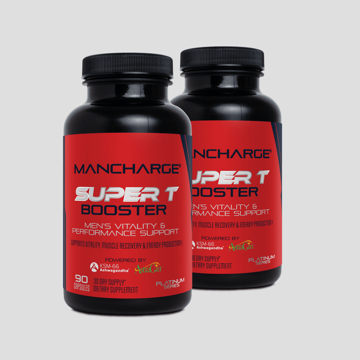 ManCharge Platinum Super T Booster two-month supply testosterone support supplement bottle