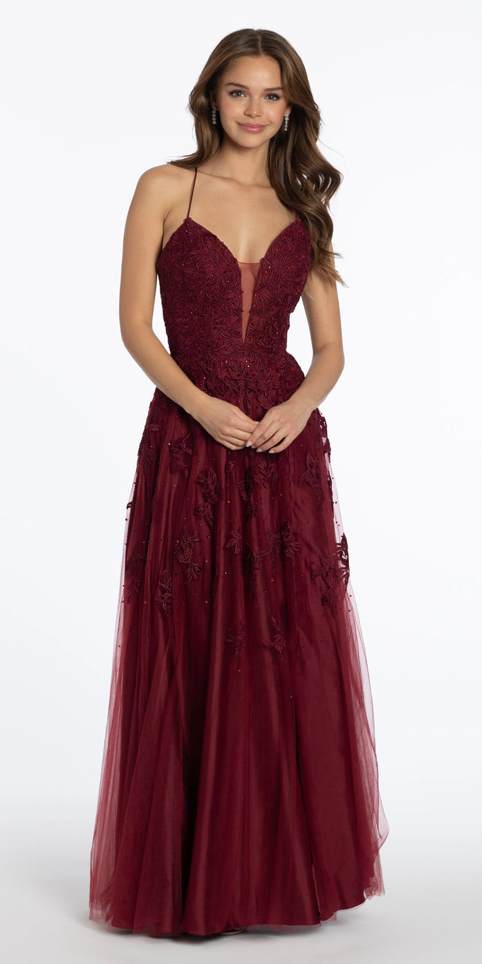 wine/size/4/missy/Camille La Vie/Mesh Applique Plunging Lace Up A Line Dress /front