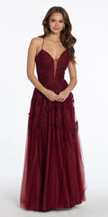 wine/size/4/missy/Camille La Vie/Mesh Applique Plunging Lace Up A Line Dress /front
