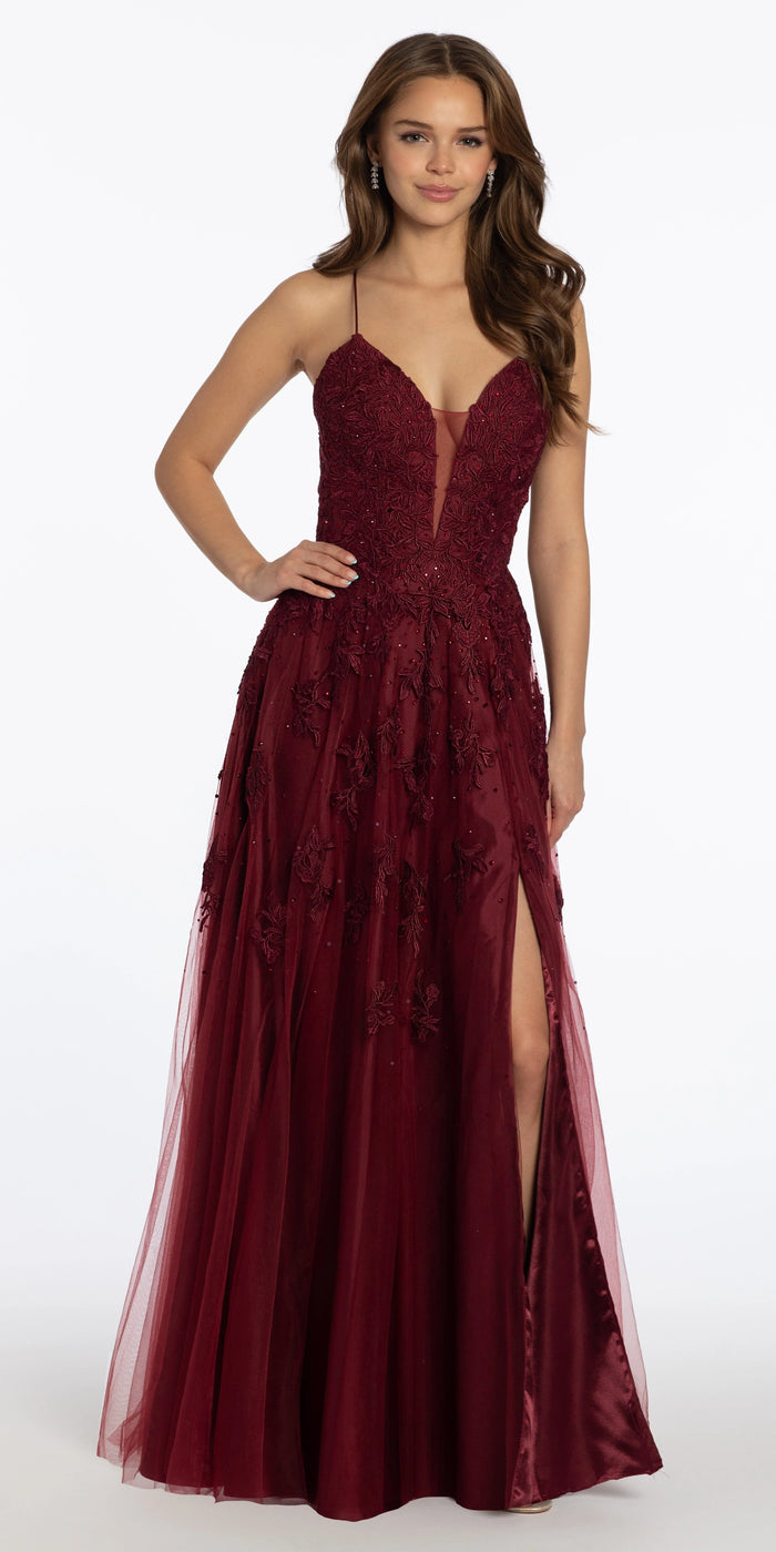 wine/size/4/missy/Camille La Vie/Mesh Applique Plunging Lace Up A Line Dress /alt