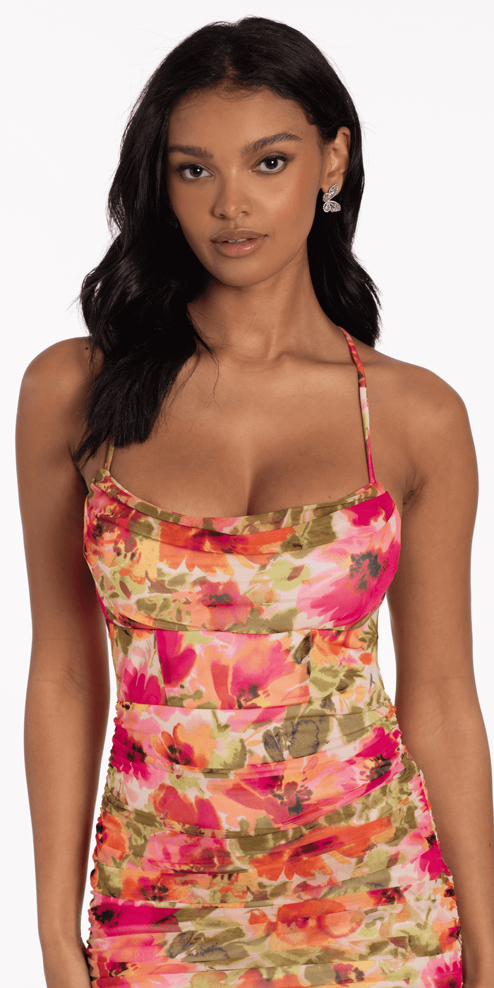 Mesh Floral Ruched X Back Bodycon Dress - Camille La Vie