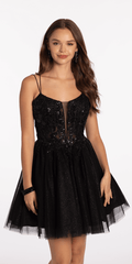 Mesh Plunge Fit and Flare Dress with Beaded Appliques - Camille La Vie