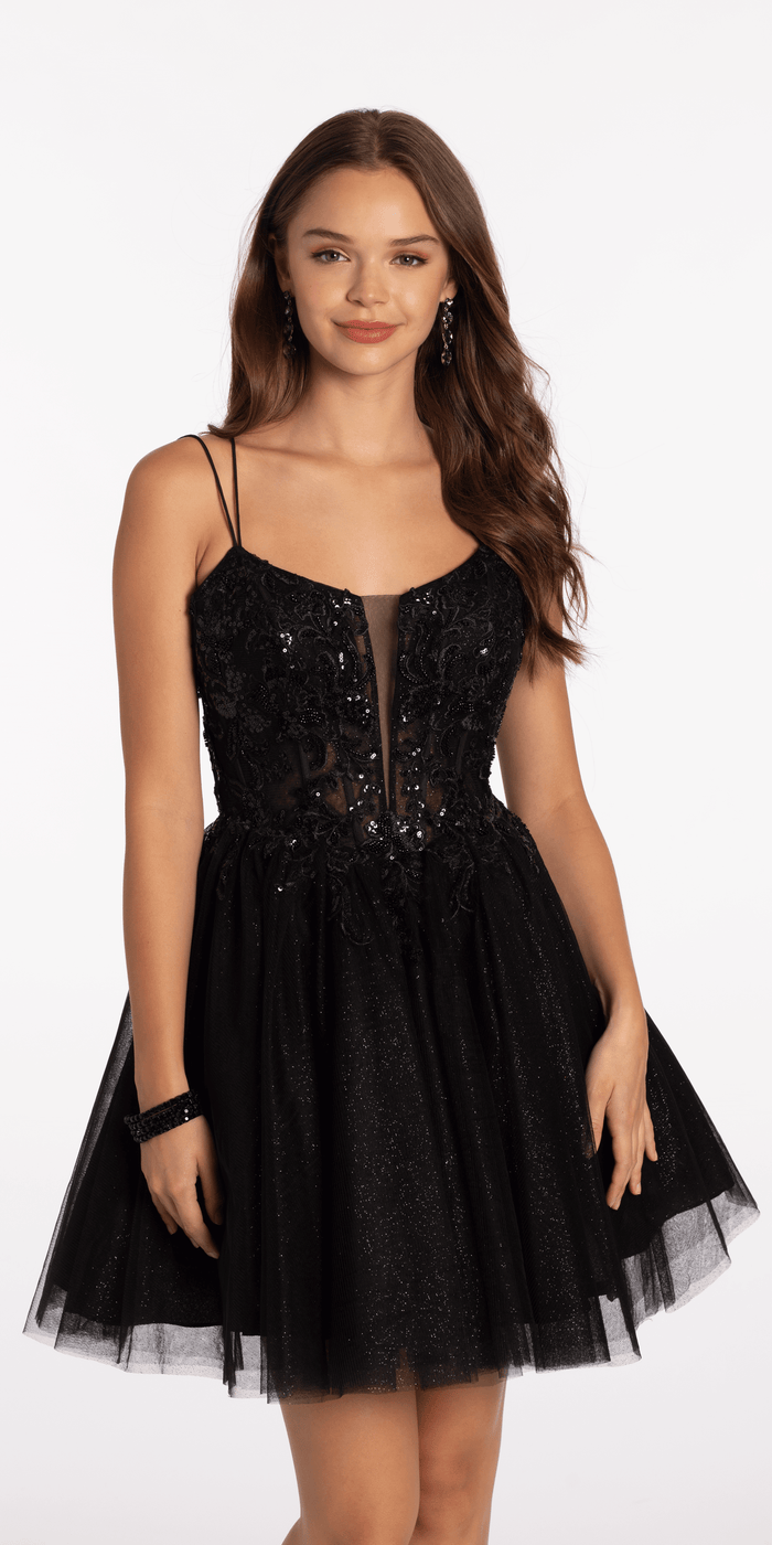 Mesh Plunge Fit and Flare Dress with Beaded Appliques - Camille La Vie