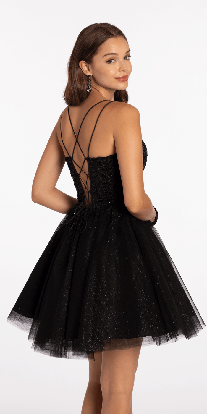 Mesh Plunge Fit and Flare Dress with Beaded Appliques - Camille La Vie