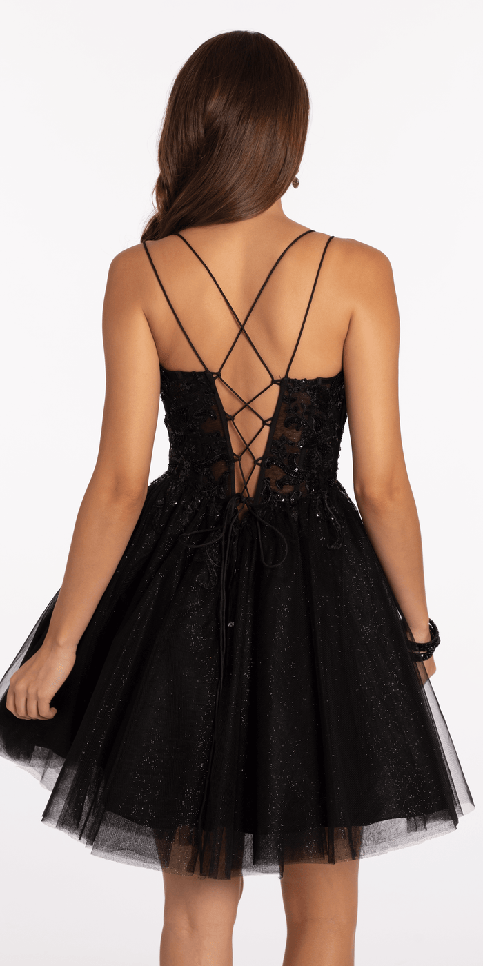Mesh Plunge Fit and Flare Dress with Beaded Appliques - Camille La Vie